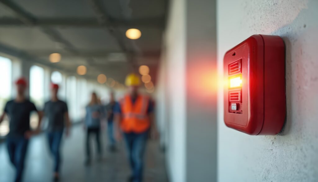 Red fire alarm blares on wall in building corridor. Blurred construction workers wear hard hats, safety vests, rush evacuating industrial facility. People move fast, showing urgency for active safety